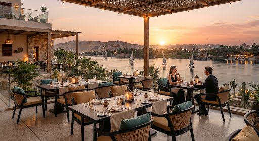 Sunset dining terrace overlooking the Nile