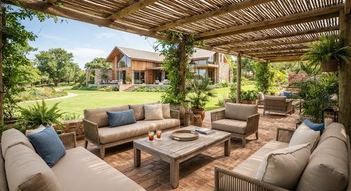 Outdoor lounge under pergola