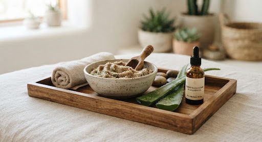 Spa products in wooden bowl
